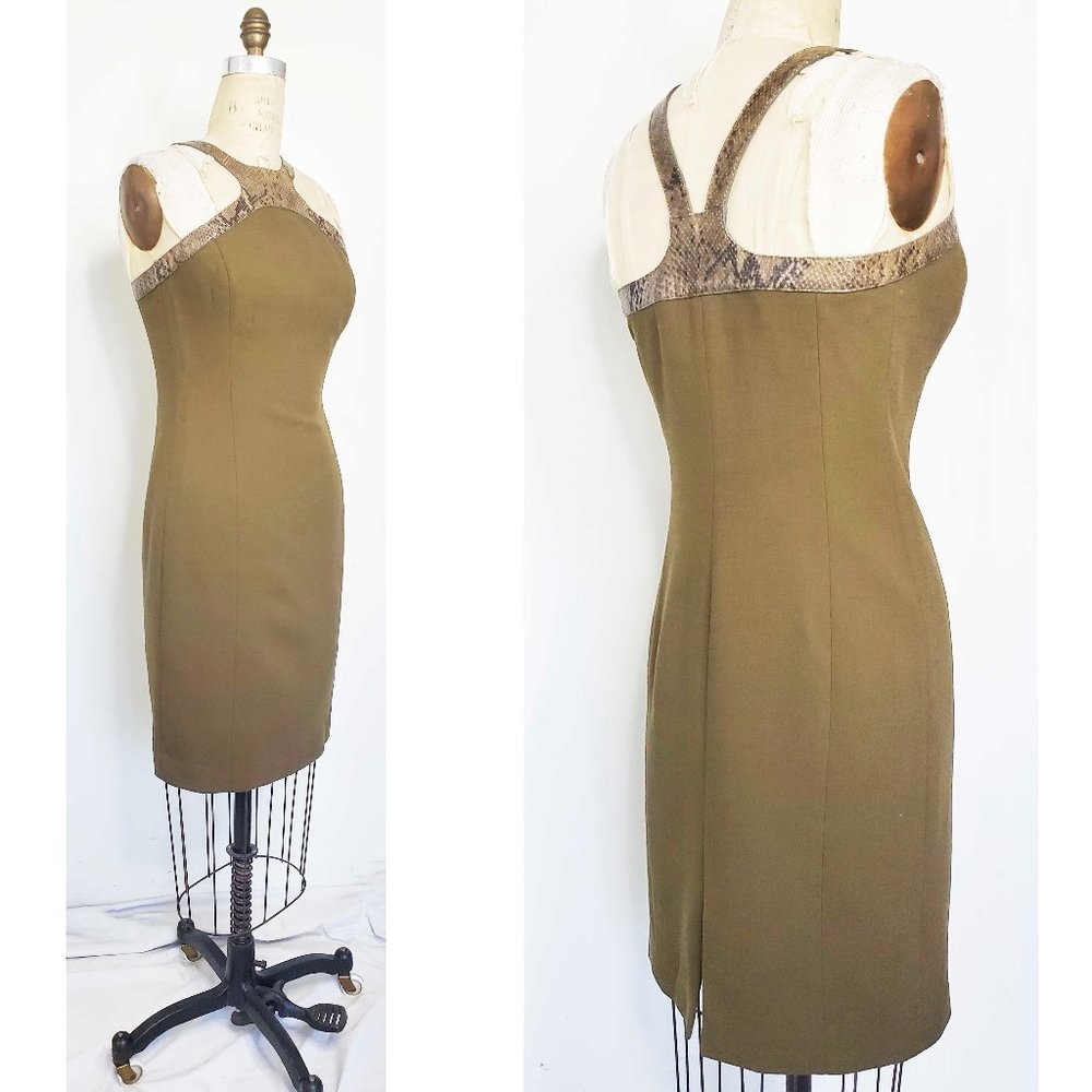 Michael Kors Womens  Dress with Python Leather Neckline Racer Back Army Green 4